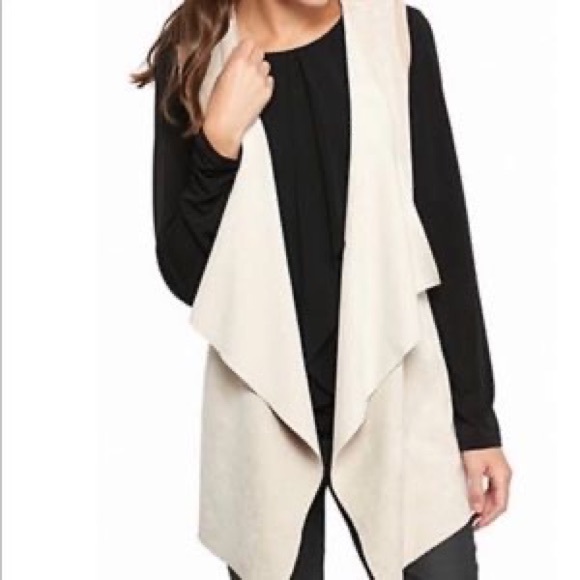 NWOT Calvin Klein Faux Suede CREAM Sweater Vest Sleeveless Drape Open Front SZ L - Picture 2 of 11